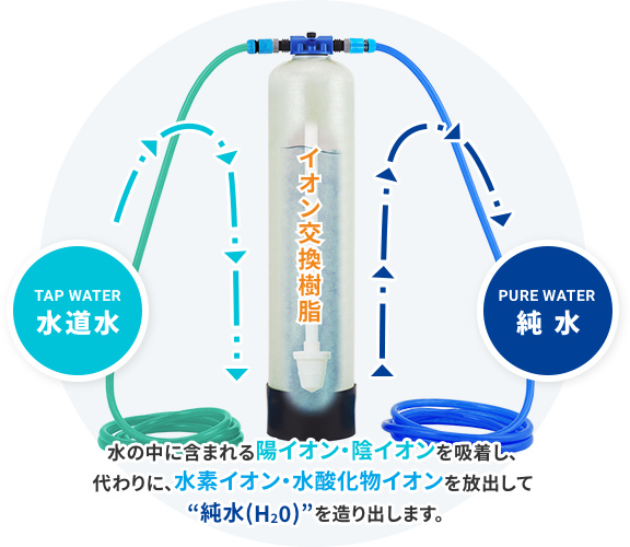 水の中に含まれる陽イオン・陰イオンを吸着し、代わりに、水素イオン・水酸化物イオンを放出して“純水(H20)”を造り出します。
