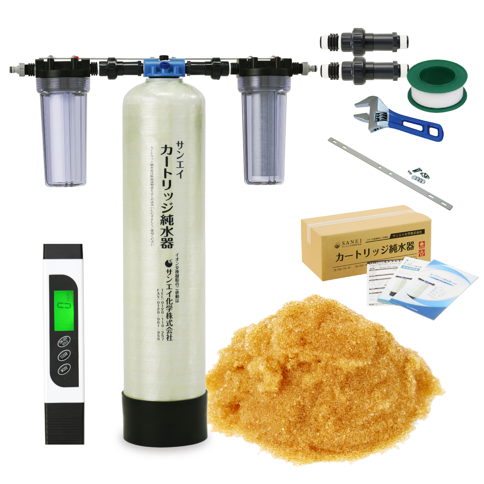 【中古美品】純水器・塩素除去器　TDSメーター、イオン交換樹脂（のこり）付けます サンエイ化学 カートリッジ純水器 22L プロタイプ フィルター