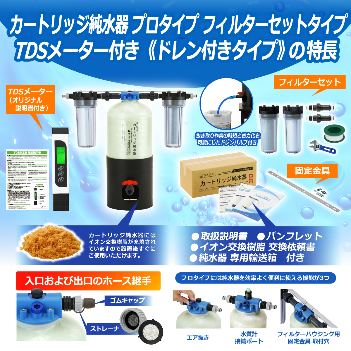 【中古美品】純水器・塩素除去器　TDSメーター、イオン交換樹脂（のこり）付けます サンエイ化学 カートリッジ純水器 22L プロタイプ TDSメーター
